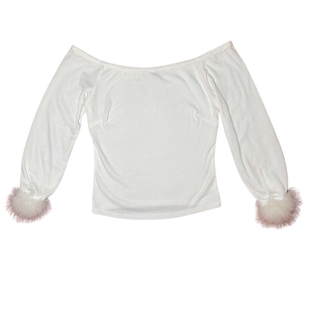 White Off Shoulder Feather Cuff Long Sleeve Top | Y2K Holiday Party Blouse